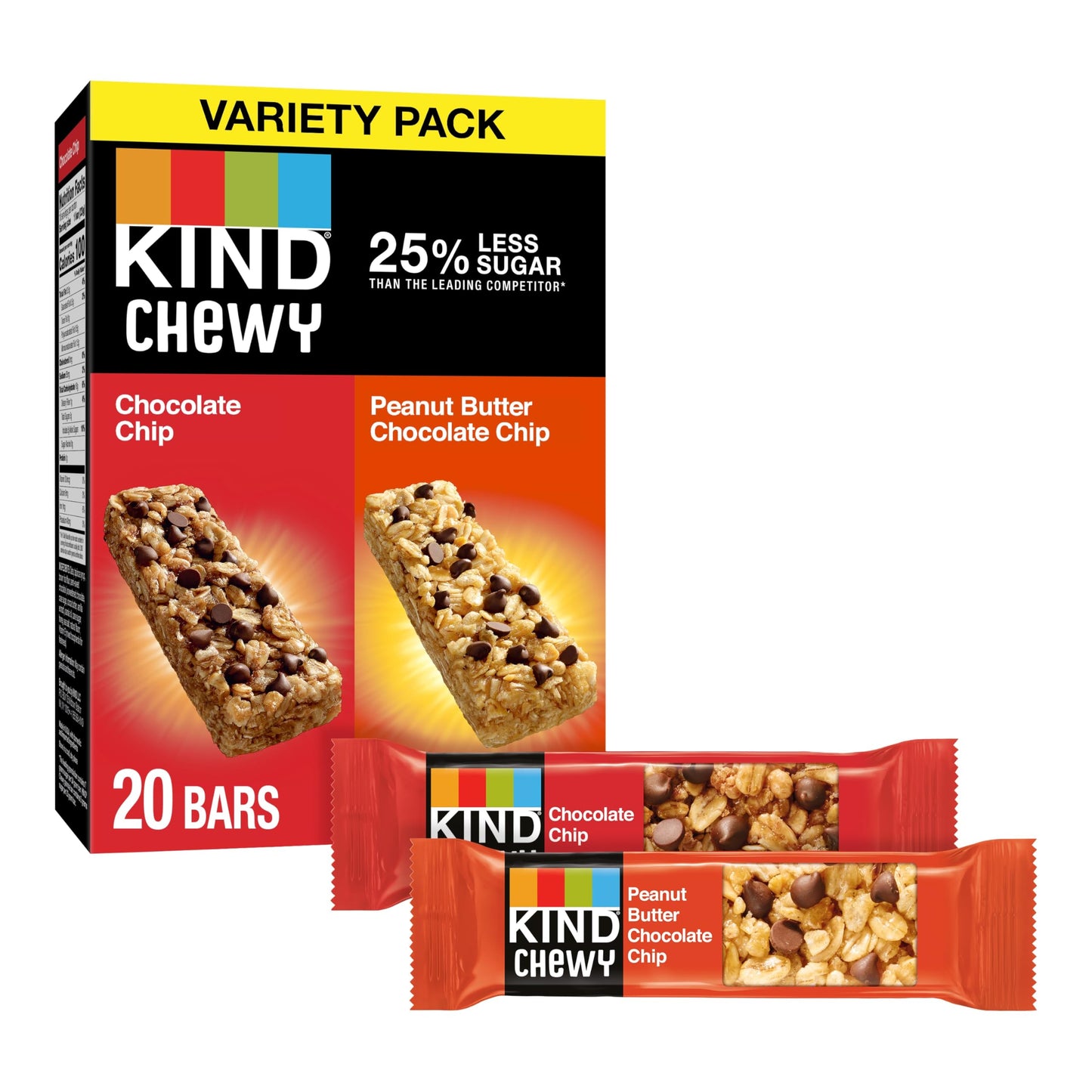 KIND Chewy Granola Bars, Variety Pack, Chocolate Chip and Peanut Butter Chocolate Chip, Gluten Free, 100 Calories, Whole Grains and Oats, 20 Count