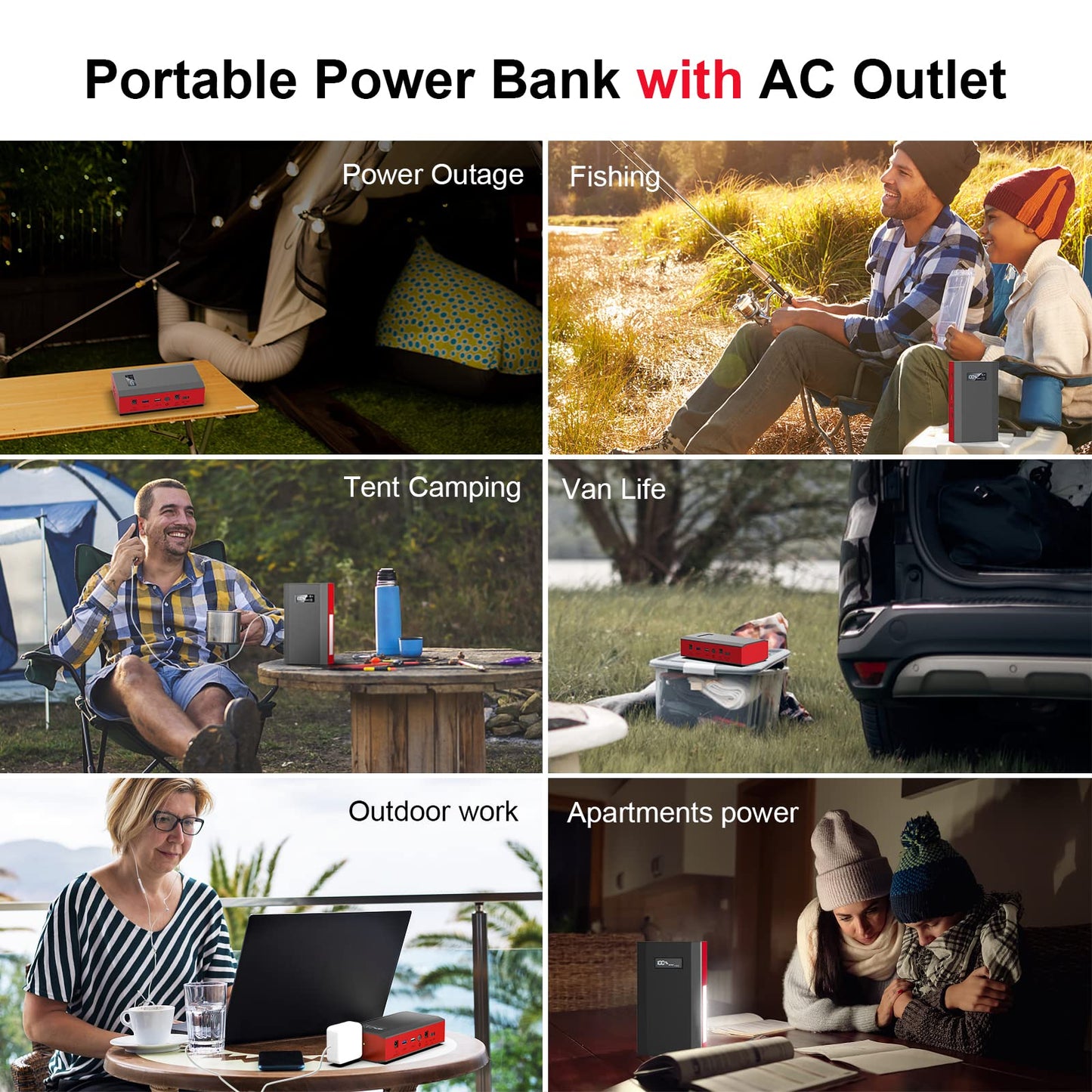 Portable Power Bank with AC Outlet, 65W 110V External Battery Pack 24000mAh Portable Laptop Charger Power Source Supply for Outdoor RV Tent Camping Home Smart Device with Emergency Light -Grey Red
