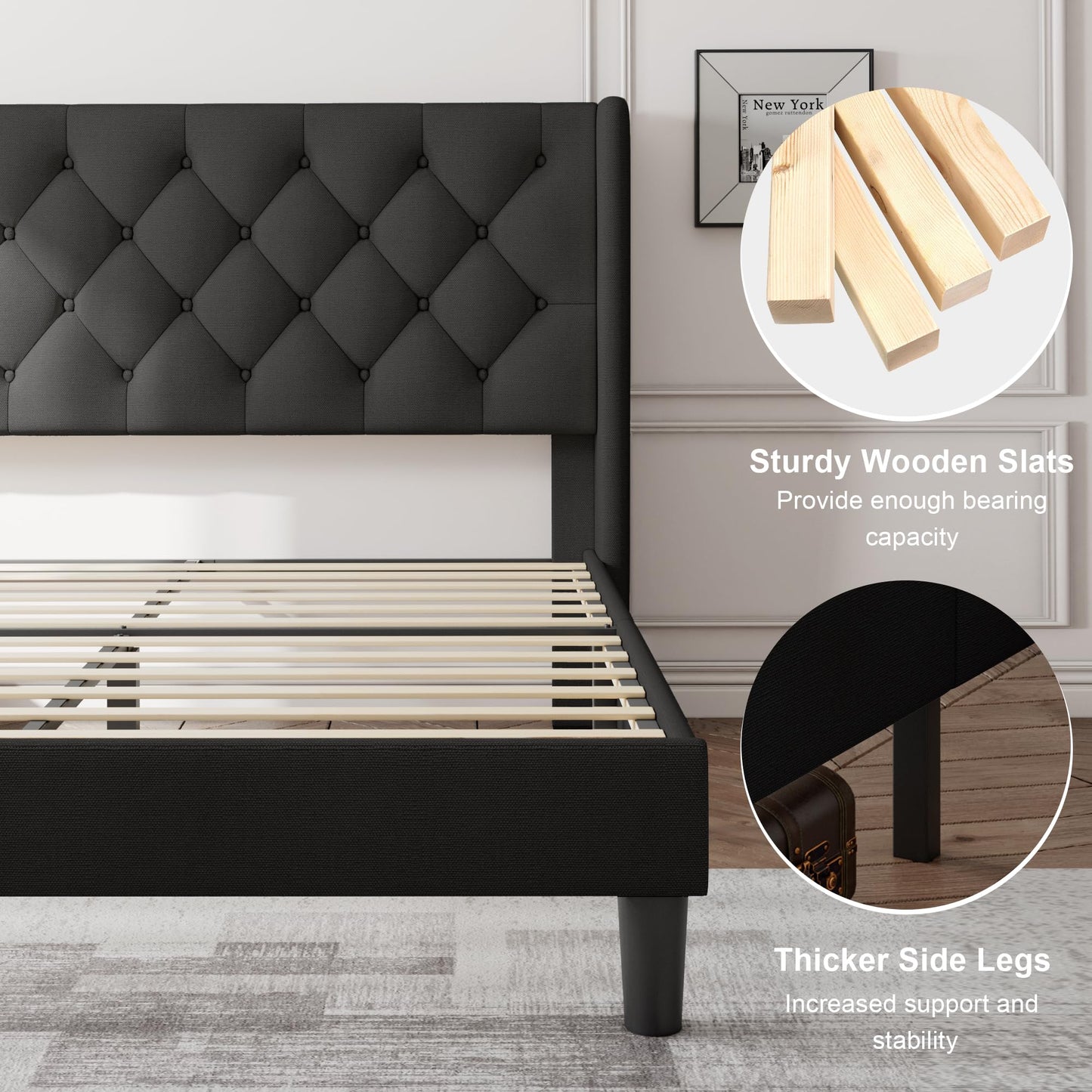 Feonase Queen Bed Frame with Upholstered Wingback Headboard, Platform Bed and Heavy Duty Wooden Slats Support, Easy Assembly, Noise-Free, No Box Spring Needed, Black