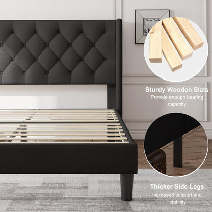 Feonase Queen Bed Frame with Upholstered Wingback Headboard, Platform Bed and Heavy Duty Wooden Slats Support, Easy Assembly, Noise-Free, No Box Spring Needed, Black
