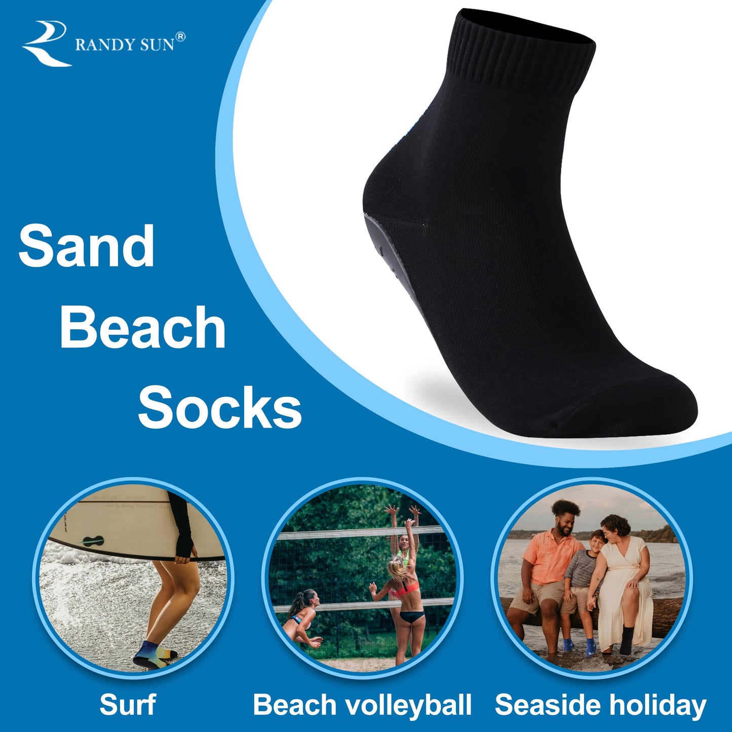 RANDY SUN Unisex Barefoot Quick-Dry Socks, Not Waterproof Sand Sport Shoes Protect Against Sharp Objects for Beach Swim Surf Yoga Aerobics Exercise(1 Pair Black Ankle Size 25)