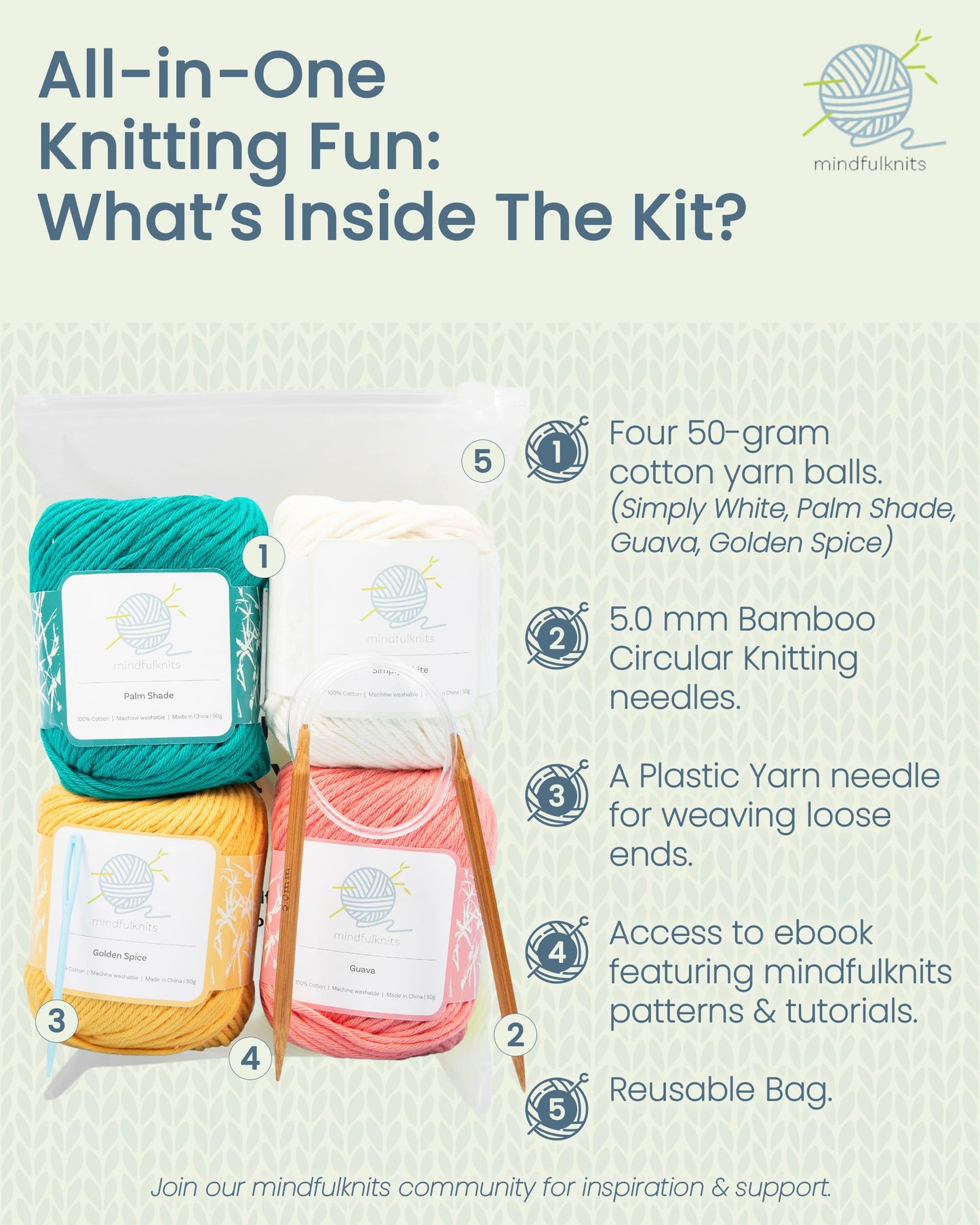 mindfulknits Knitting Starter Kit for Beginners with Knitting Needles, Yarn Needle & 100% Cotton Knitting Yarn (4) – Make Washcloths- Tropical Knitting Kit for Kids Relaxation & Stress Relief