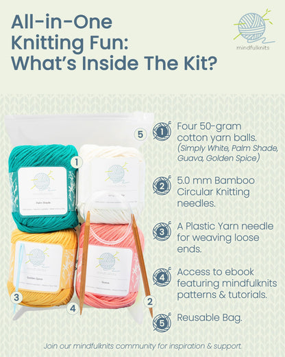 mindfulknits Knitting Starter Kit for Beginners with Knitting Needles, Yarn Needle & 100% Cotton Knitting Yarn (4) – Make Washcloths- Tropical Knitting Kit for Kids Relaxation & Stress Relief
