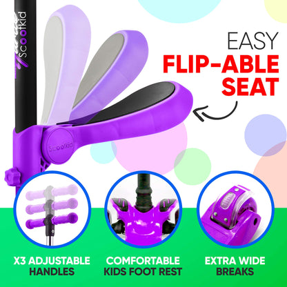 Hurtle Kids Scooter - Child Toddler Kick Scooter Toy with Foldable Seat - 3 Wheel Scooter with Adjustable Height, Anti-Slip Deck, Flashing Wheel Lights, for Boys/Girls 1-12 Year Old, Purple