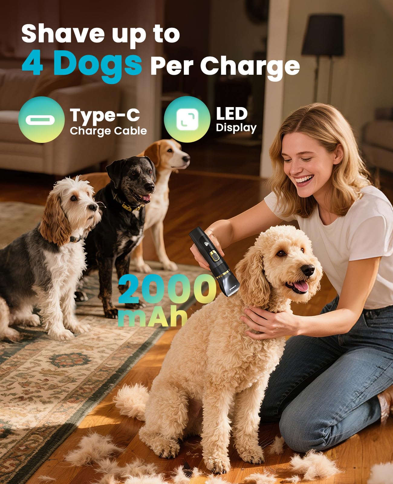 oneisall Dog Clippers Low Noise, Pro Dog Grooming Clippers Kit with Rechargeable Cordless Shaver Trimmer for Dogs Cats, IPX7 Waterproof Pet Clippers Grooming at Home