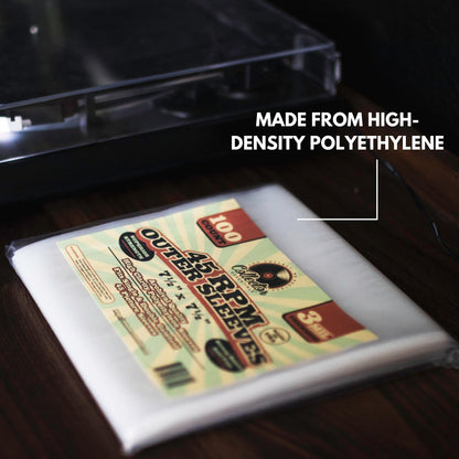 100-Pack 7-Inch 45 RPM Record Outer Sleeves – Clear Polyethylene Vinyl Covers | 3 Mil Thick, Archival, Anti-Static | Fits Picture Sleeves & Gatefolds | Made in USA
