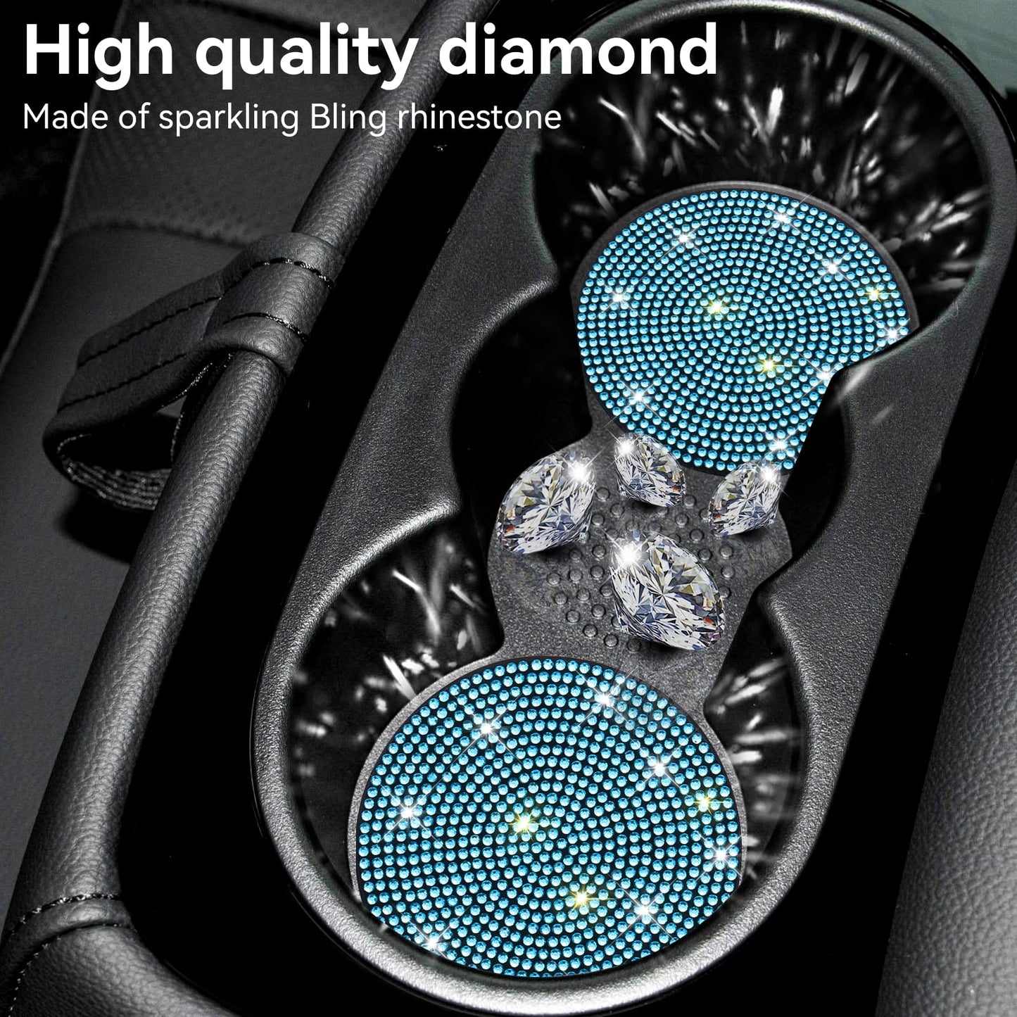 SINGARO Bling Cup Holder Coasters for Car, 2PCS Universal Non-Slip Cup Holder, Embedded Decorative Coasters, Shiny Crystal Car Interior Accessories Gifts for Women (Sky Blue)
