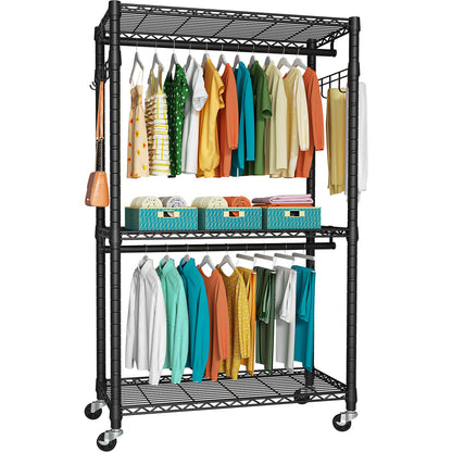 FUTASSI P1 Heavy Duty Garment Rack, 3 Tiers Adjustable Rolling Metal Closet Organizer with Lockable Wheels, FreeStanding Wardrobe with Double Hanger Rods & 1 Pair Hooks, Max Load 450 LBS, Black