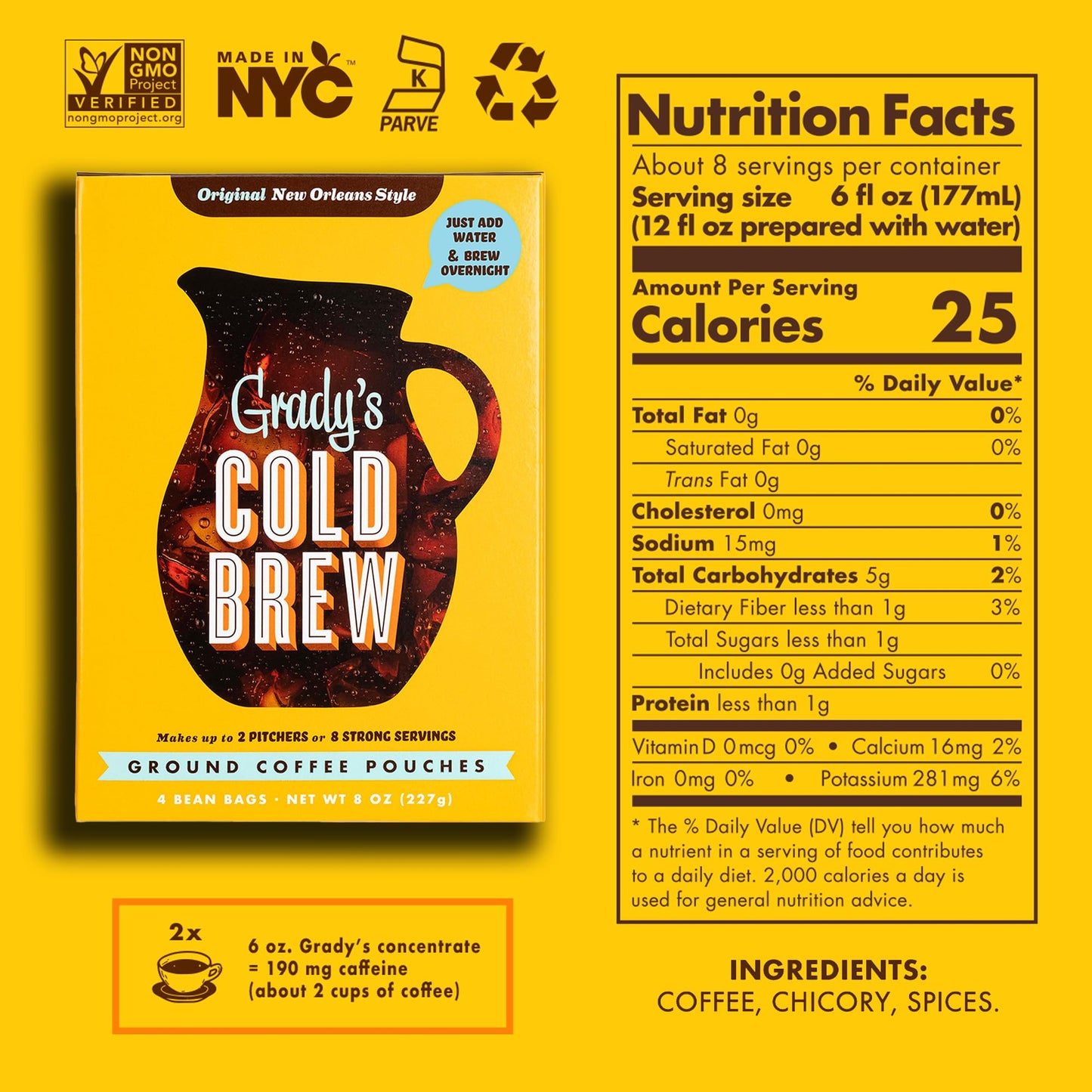 GRADY’S COLD BREW Coffee Pouches | New Orleans Style | 100% Arabica Ground Coffee & Chicory | TWO Boxes of Four Easy-to-Brew Bean Bags | Makes 24 drinks