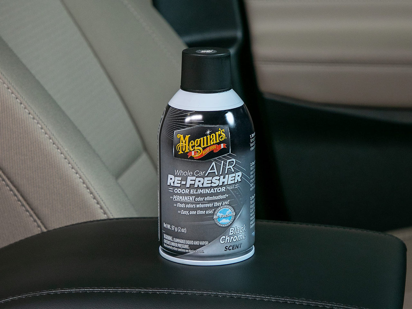 Meguiar's Whole Car Air Refresher, Car Odor Eliminator Spray Permanently Eliminates Unwanted Vehicle Odors Throughout Your Interior, Black Chrome Scent, 2 Oz Aerosol Canister