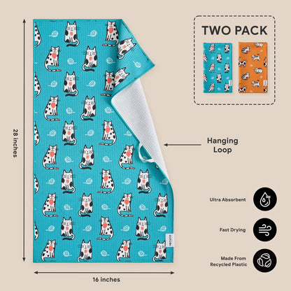RECYCO Waffle Kitchen Towel Set of 2 - Quick Dry Microfiber Sustainable Dish Towels - Ultra Absorbent Reusable Cleaning Tea Towels - Lightweight Hand Towels,16”x 28”, Cuddly Cats