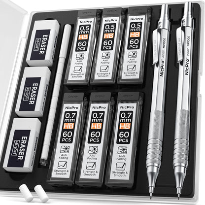 Nicpro 2 PCS Mechanical Pencil 0.5mm & 0.7 mm with Case, MP1000 Metal Artist Pencil Set with 6 Tubes HB Lead Refills, 3 Erasers, 9 Eraser Refills For Art Writing Drafting, Drawing, Sketch, Silver