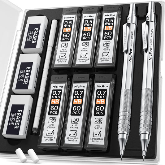 Nicpro 2 PCS Mechanical Pencil 0.5mm & 0.7 mm with Case, MP1000 Metal Artist Pencil Set with 6 Tubes HB Lead Refills, 3 Erasers, 9 Eraser Refills For Art Writing Drafting, Drawing, Sketch, Silver