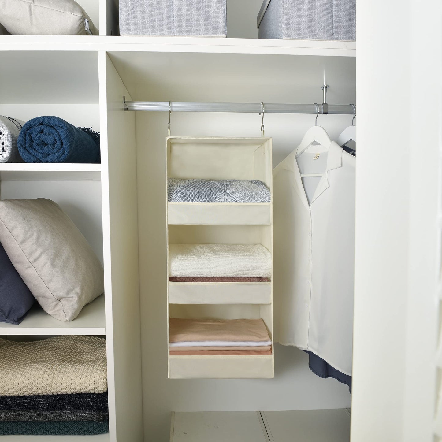 GRANNY SAYS 3-Shelf Hanging Organizer, Foldable Hanging Closet Storage, Hanging Shelves for Wardrobes & RV Closet, Beige, 29 ½" H X 12" W X 12" D, 1-Pack