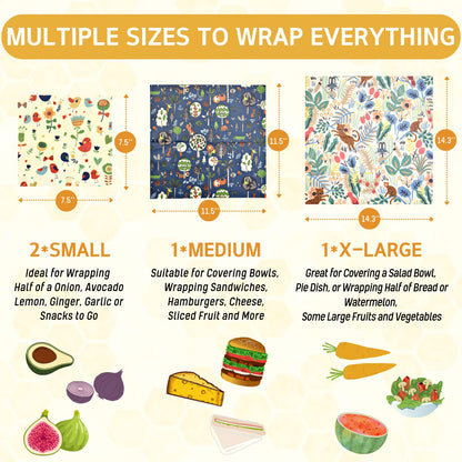 Reusable Beeswax Wrap - 9 Pack Beeswax Wraps for Food, Eco-Friendly Beeswax Food Wraps, Bread Sandwich Food Wrap - Organic, Sustainable, Zero Waste, Plastic-Free Food Storage, 1XL, 3M, 5S