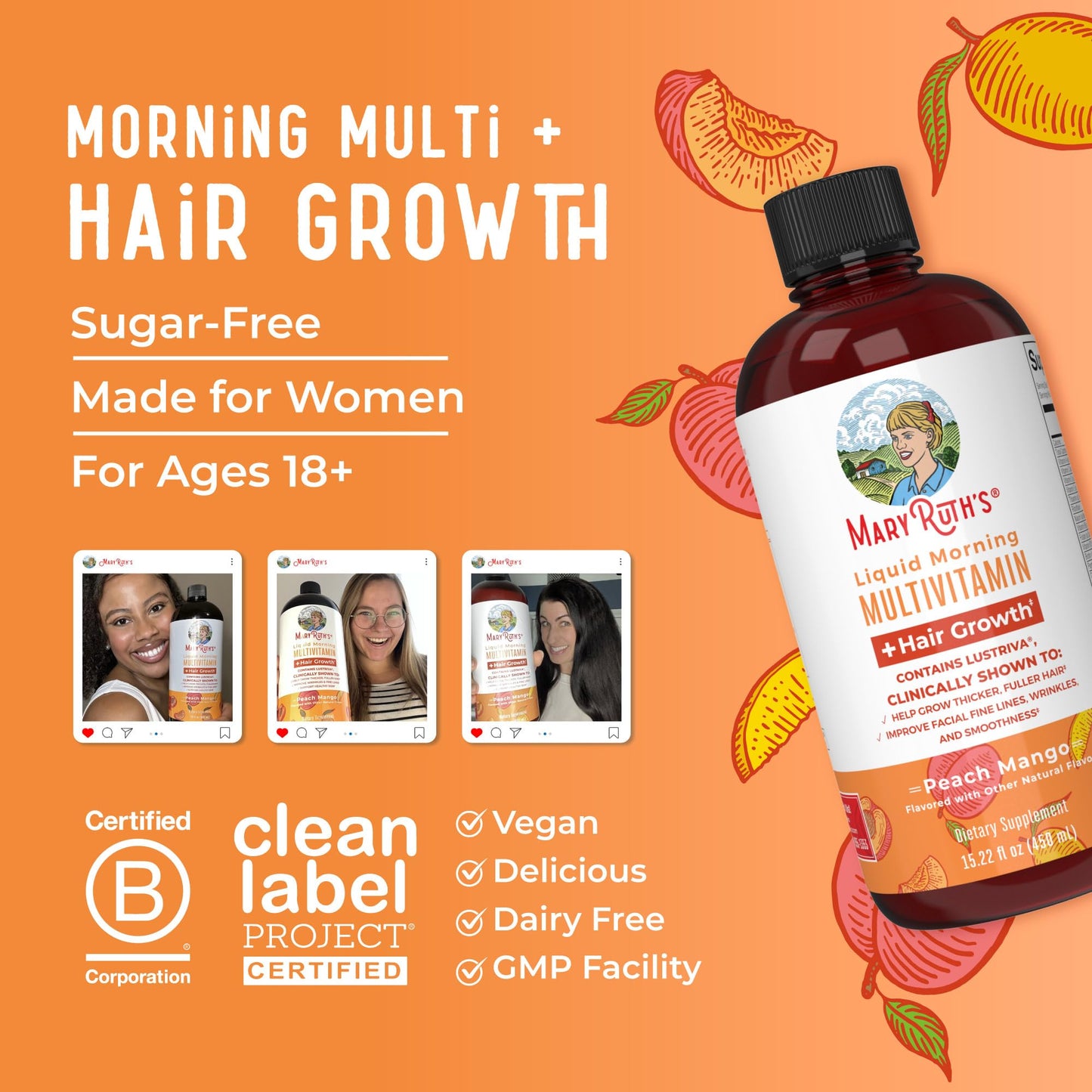 MaryRuth's Liquid Multivitamin + Hair Growth | Biotin 10000mcg | Lustriva Hair Growth Supplement | Clinically Tested in Women for Thicker Hair & Facial Wrinkles | Skin Care | Ages 18+ | 15.22 Fl Oz
