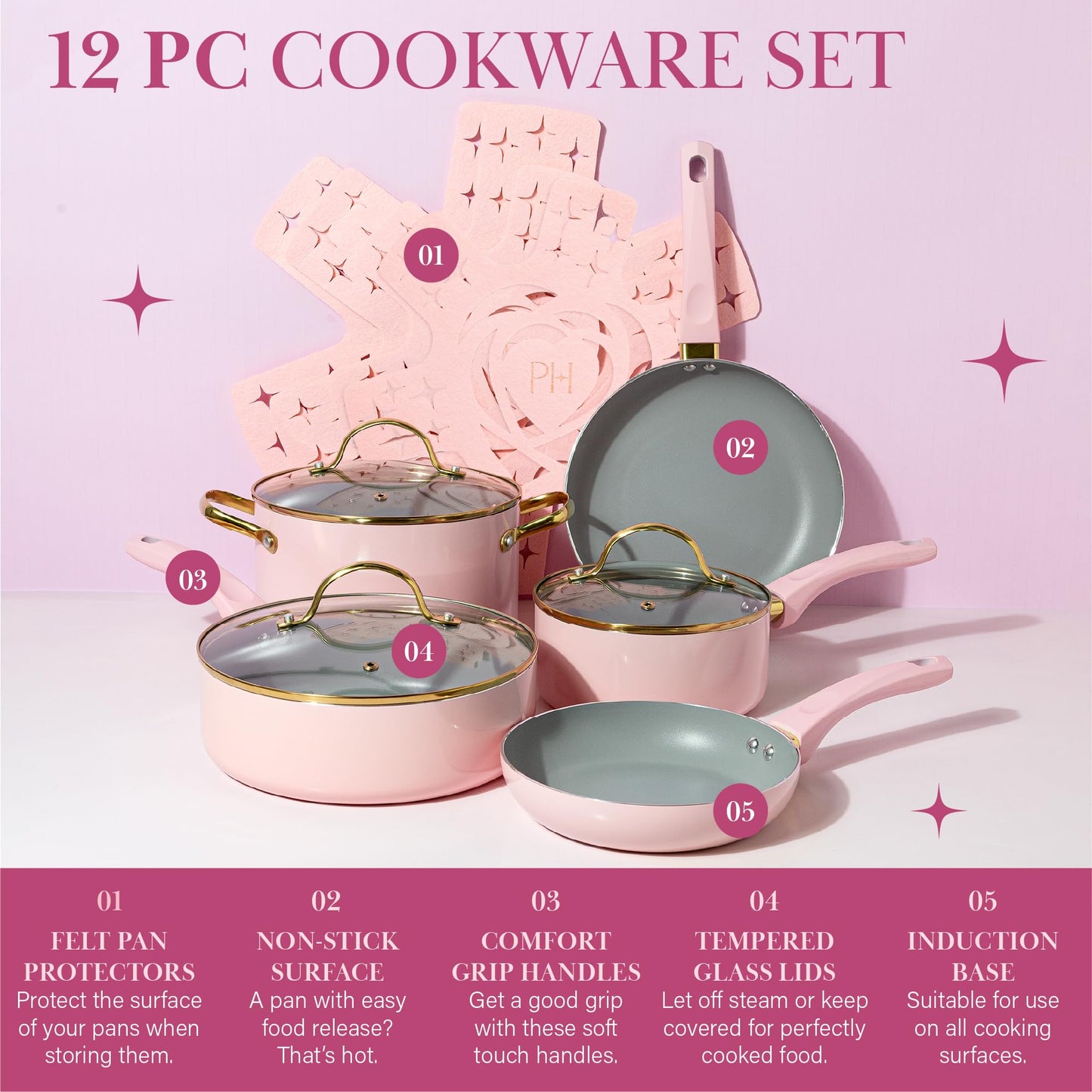 Paris Hilton Epic Nonstick Pots and Pans Set, Multi-layer Nonstick Coating, Tempered Glass Lids, Soft Touch, Stay Cool Handles, Made without PFOA, Dishwasher Safe Cookware Set, 12-Piece, Pink
