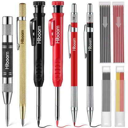 Hiboom 10 Pack Mechanical Carpenter Pencils Set with Sharpener & 36PCs 2.8mm Refills, Deep Hole Marker Pen, Automatic Center Punch, Carbide Scribe Tool, Heavy Duty Construction Pencil for Architect