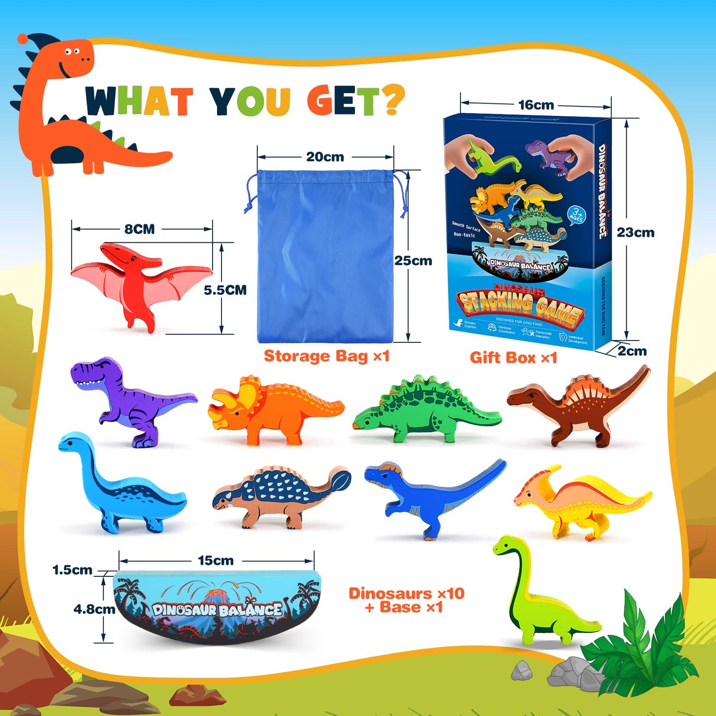 IPOURUP Dinosaur Toys for Kids 3-5: Wooden Stacking Montessori Toys for 3 4 5 6 7 8 Year Old Boys Girls Balance Competition Game for Family Birthday Gifts for Kids Ages 4-8 (Classic Version)