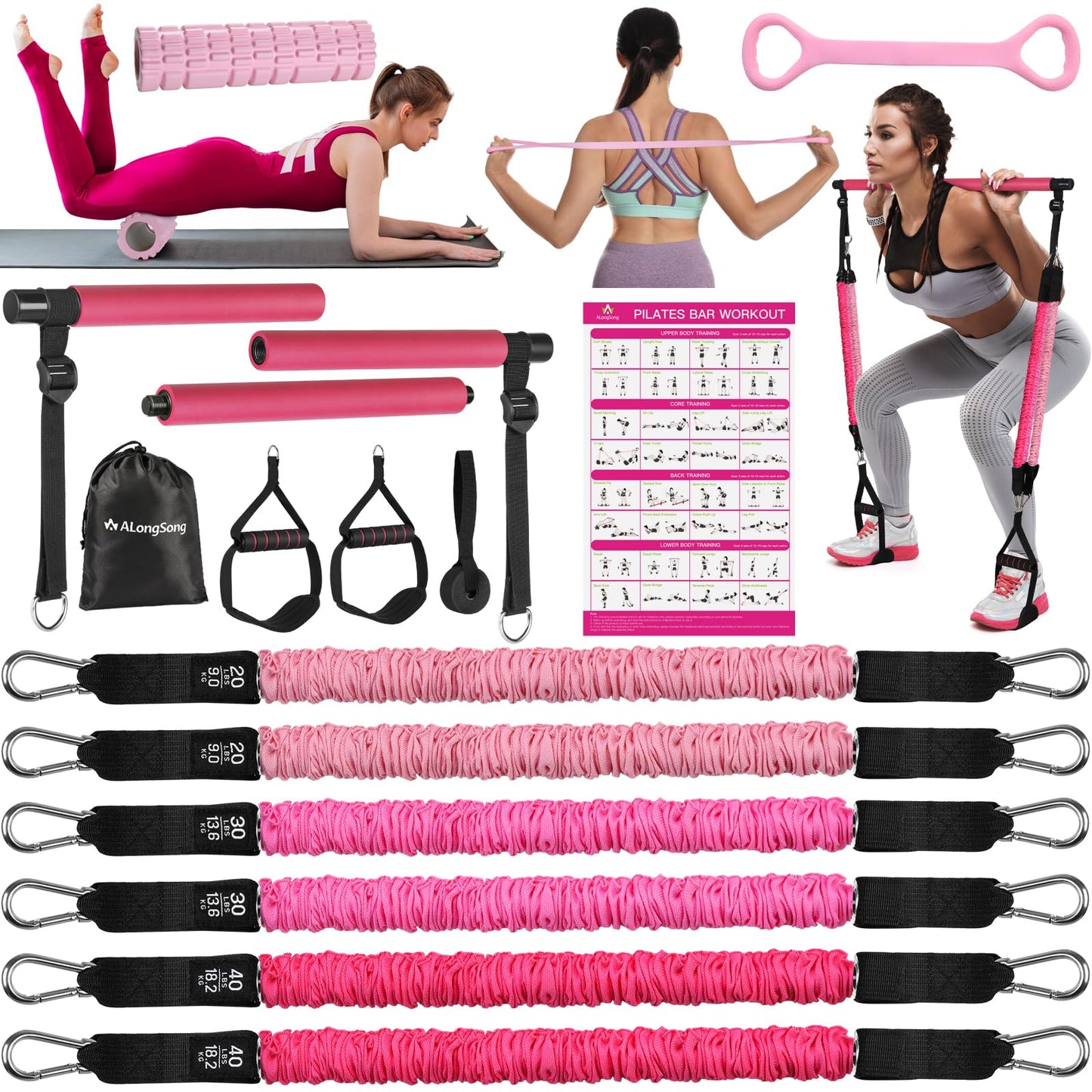Pilates Bar Kit with Back Expander & Foam Roller, ALongSong Gym Bar Kit with 6 Latex Elastic Resistance Bands, Portable Home Workout Exercise Equipment for Home Full-Body Workouts