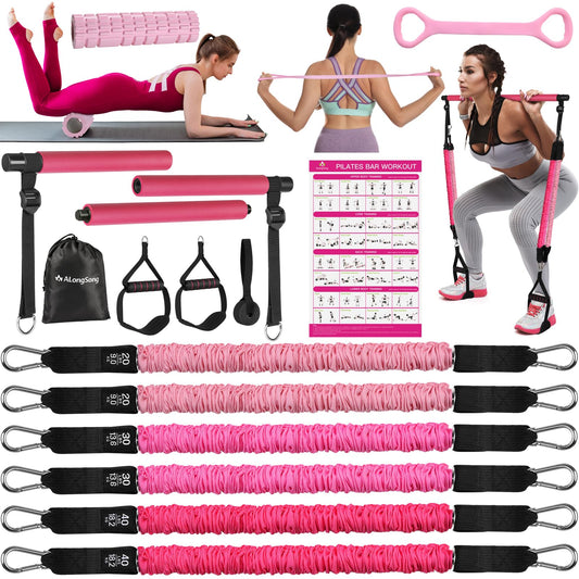 Pilates Bar Kit with Back Expander & Foam Roller, ALongSong Gym Bar Kit with 6 Latex Elastic Resistance Bands, Portable Home Workout Exercise Equipment for Home Full-Body Workouts