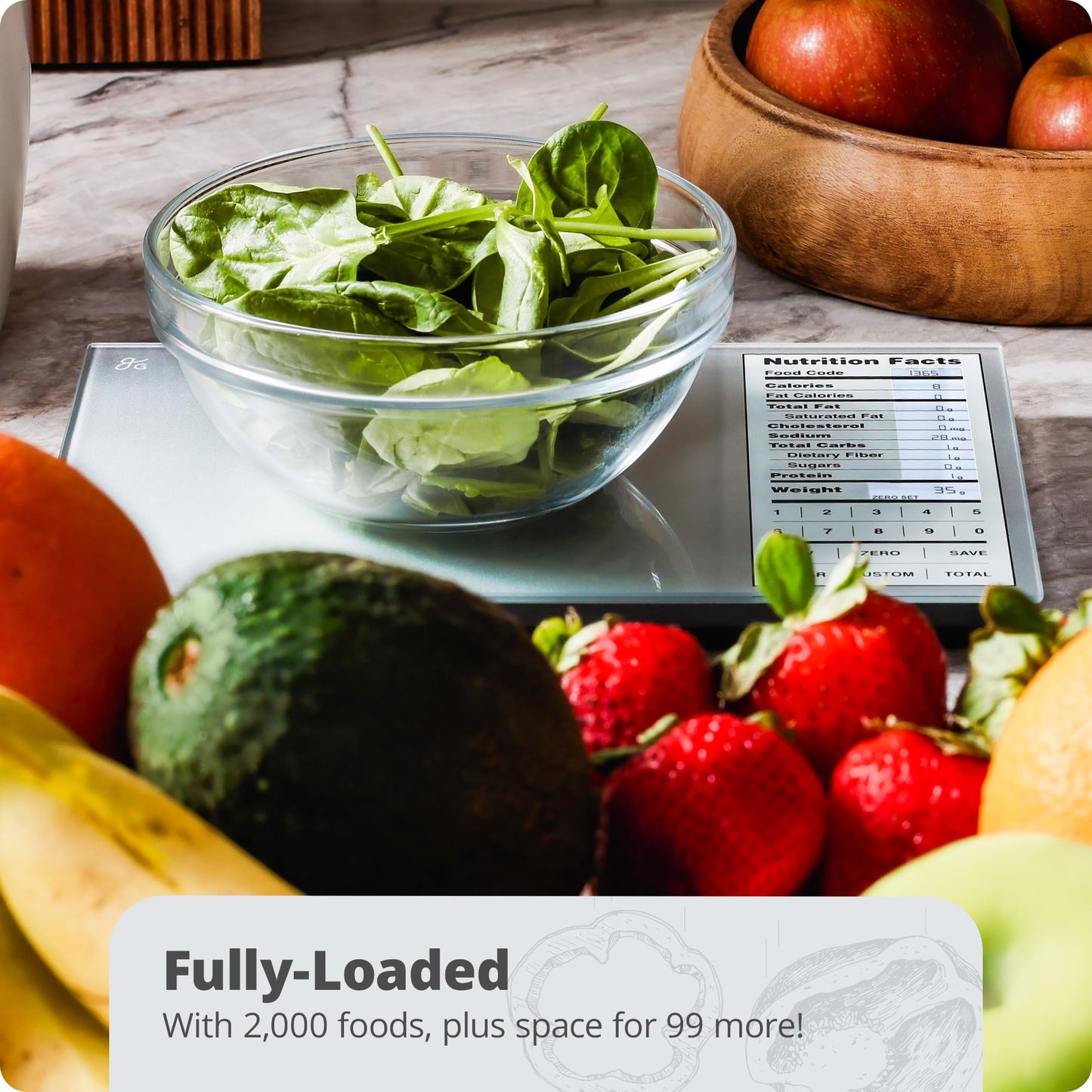 Greater Goods Nutrition Scale (Non‑Connected) – Food Grade Glass, 2,000 Food Codes Preloaded, Compact (9.33"x6.02"x0.91") for Portion Control & Meal Prep