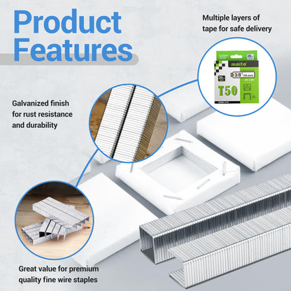 meite Staples for Staple Gun, 3/8 Inch Length Heavy Duty T50 Staples, Galvanized, 20 Gauge 3/8 Inch Crown, Compatible with T50 Staple Gun, Ideal for Upholstery, Construction, Furniture (1,512 Counts)