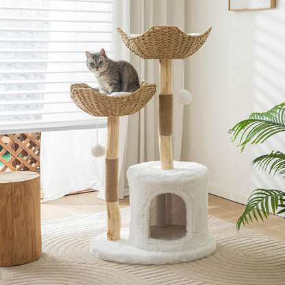 Pisarry Cat Tree Tower, 46 inch Modern Cat Tree for Indoor Cats Large Adult, Luxury Cat Condo with Scratching Post, Real Solid Wood Branch Indoor Boho Furniture, Climbing Tower, White