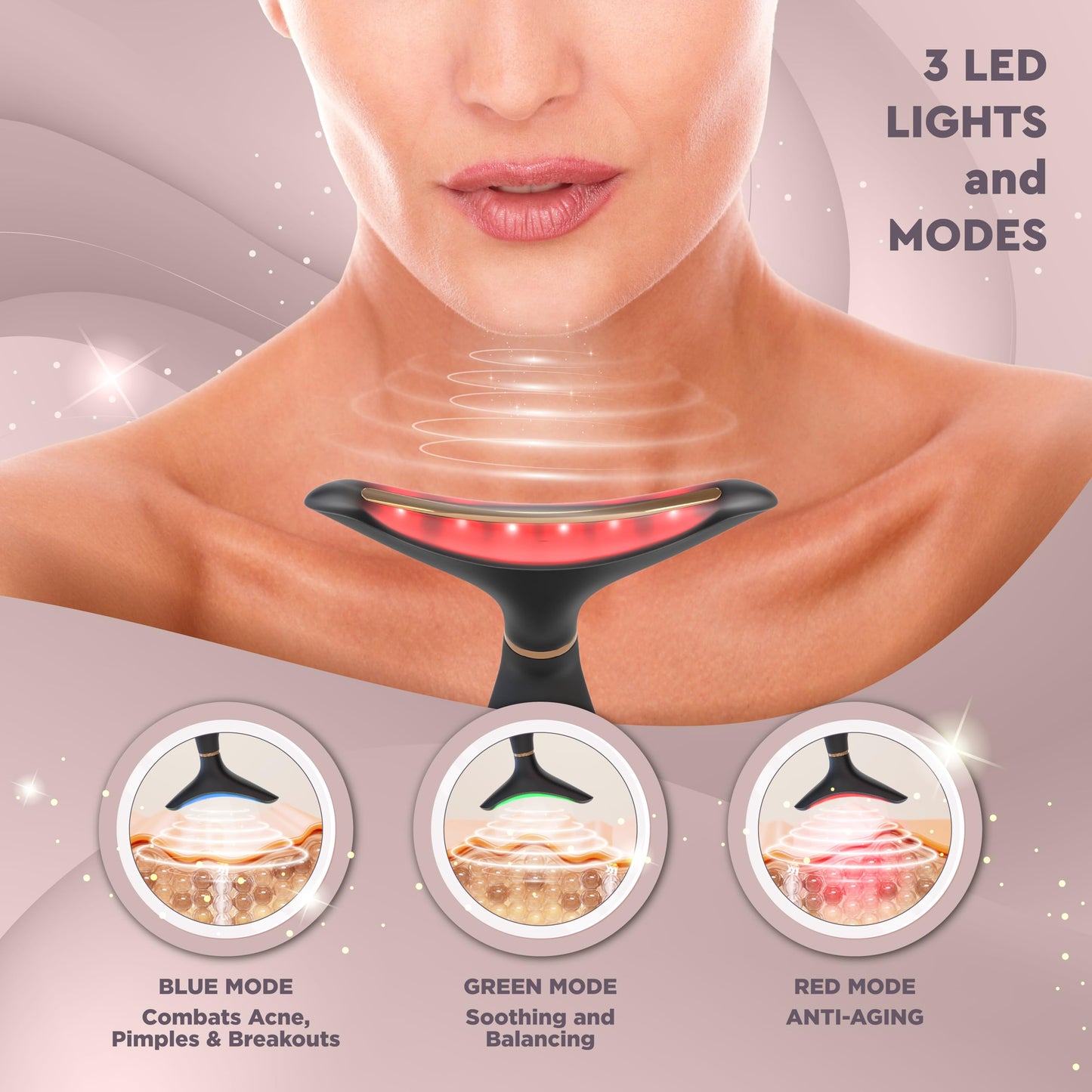 GLO24K Red Light for Face & Neck Beauty Device - 3 in 1 Facial Massager Tool and Neck Care Device for Neckline Care, Face and Neck Massager for Women