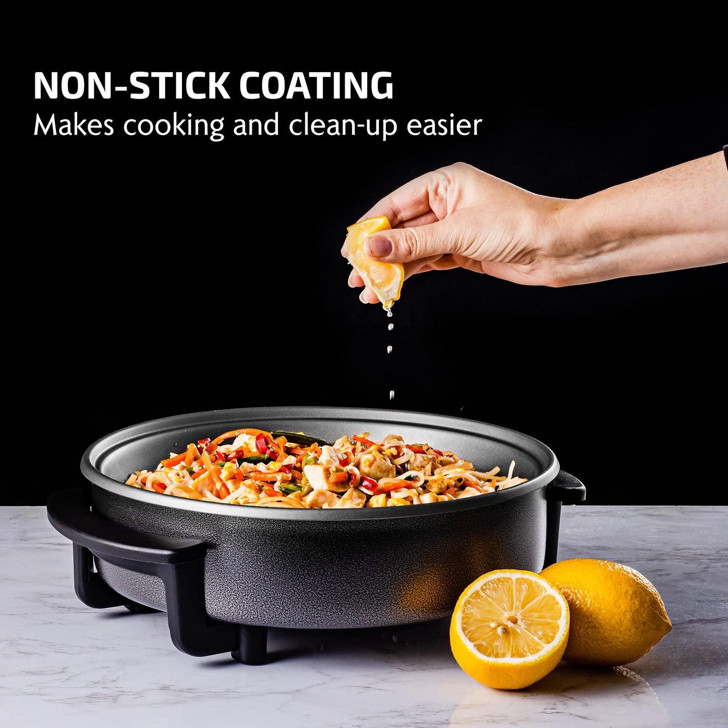 OVENTE 12 Inch Electric Skillet and Frying Pan with Nonstick Coating, 1400W Power, Adjustable Temperature Control, Tempered Glass Lid with Vent and Cool Touch Handles, Black SK11112B