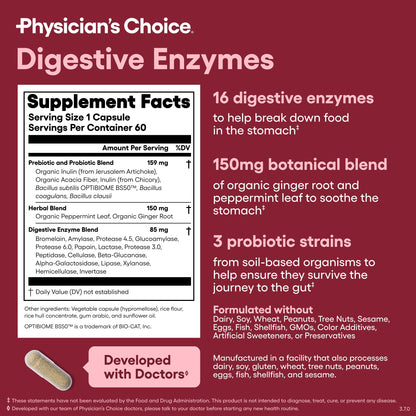 Physician's CHOICE Digestive Enzymes - Multi Enzymes, Organic Prebiotics & Probiotics for Digestive Health & Gut Health - Meal Time Discomfort Relief & Bloating - Dual Action Approach - 60 CT