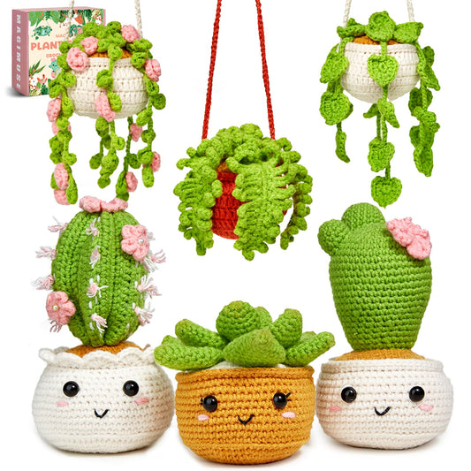 MAGIMUSE Crochet Kit for Beginners, Crochet Starter Kits, Amigurumi Craft Knitting Crocheting Kits with Step-by-Step Video Tutorials, 6 Pack Hanging Potted Plants Family(40%+ Yarn