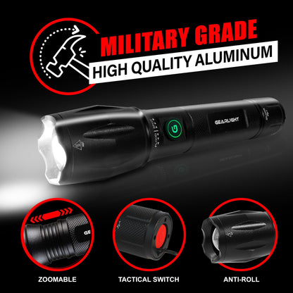 GearLight S1000 LED Tactical Flashlight - High Lumens, USB-C Fast Charging, Dual-Button, IPX4 Water-Resistant, Pocket-Sized for Camping & Emergencies with Batteries - 2 Pack, (Rechargeable)