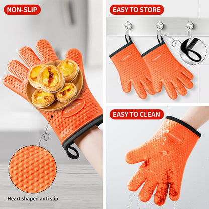 MAD SHARK Silicone Oven Mitts Heat Resistant 450 Degrees with Waterproof & Non-Slip Oven Gloves with Fingers, Silicone Oven Gloves Kitchen Mittens for Baking Cooking Barbecue (Orange)