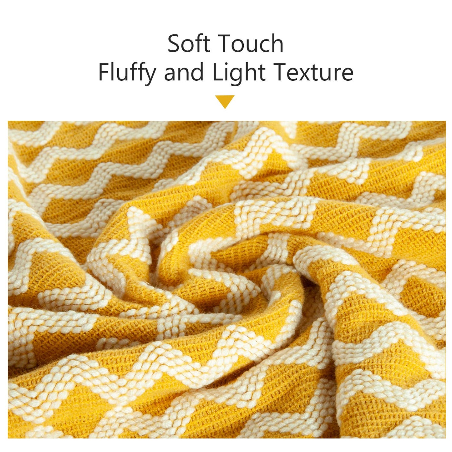 NTBAY Acrylic Knitted Throw Blanket, Lightweight and Soft Cozy Decorative Woven Blanket with Tassels for Travel, Couch, Bed, Sofa, 51x67 Inches, Mustard Yellow Wave