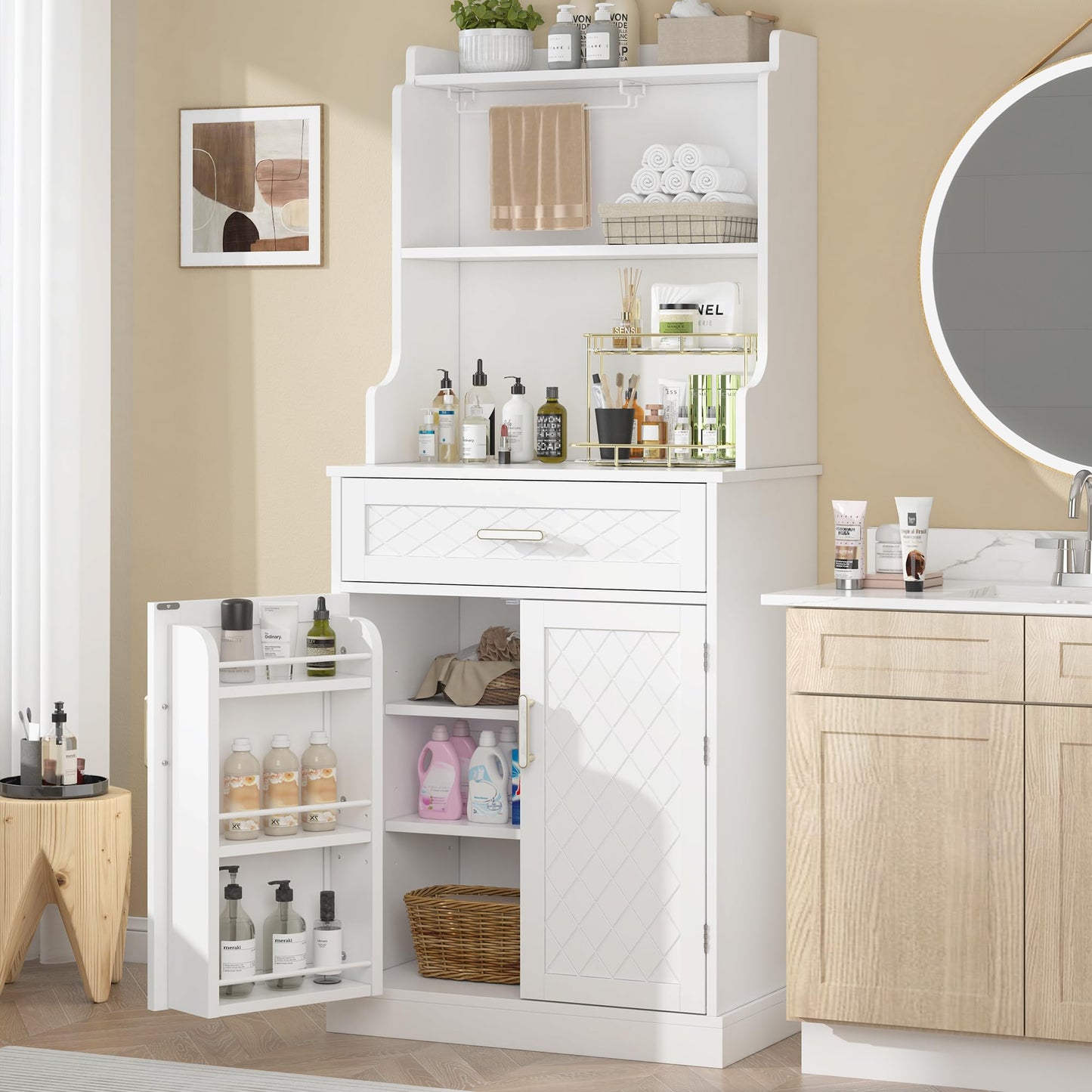 kepptory 66" Kitchen Pantry Cabinet with Microwave Shelf, Pantry Storage Cabinet with Adjustable Shelves and Drawer, Kitchen Buffet Cupboards Sideboard for Home Office Use (16" D x 24" W x 66" H)