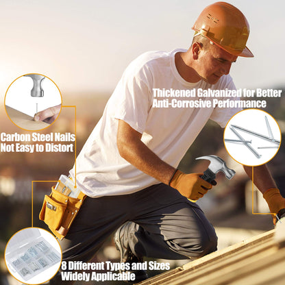 KURUI 700PCs Small Nails for Hanging Pictures & 8oz Small Hammer, Mini Hammer for Hanging Wall Decor, 280 Roofing/Wall Nails & 280 Finishing Nail, Picture Hangers Assortment Kit