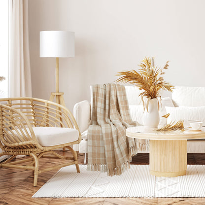 Americanflat 50x60 Throw Blanket - Soft and Breathable Cotton Throw Blanket for Couch, Bed, Chair - Decorative Blankets Perfect for Home, Office, or Outdoor Use - Ecru Camel Plaid Design