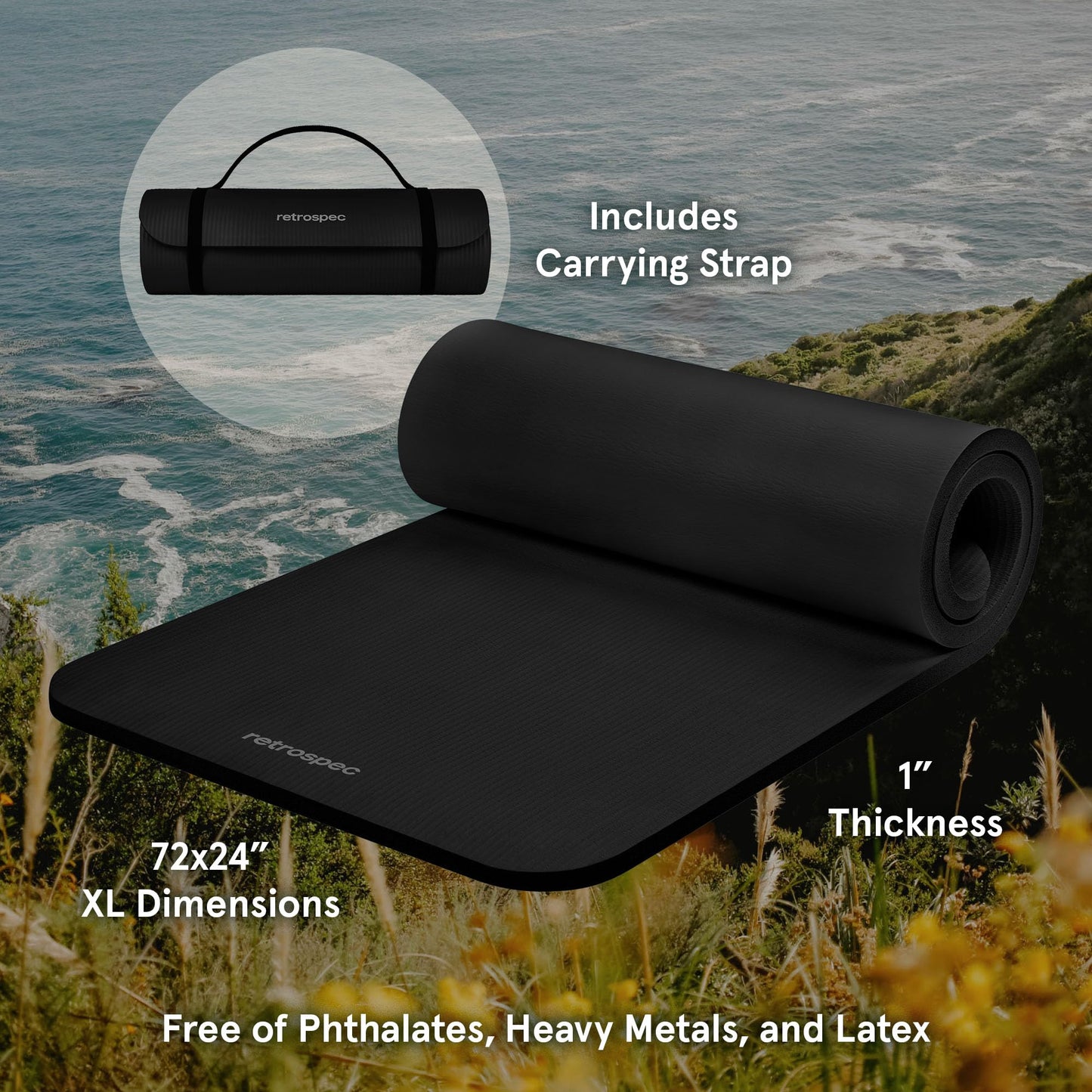Retrospec Solana Yoga Mat 1" Thick w/Nylon Strap for Men & Women - Non Slip Exercise Mat for Home Yoga, Pilates, Stretching, Floor & Fitness Workouts - Black