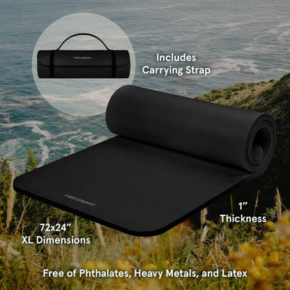 Retrospec Solana Yoga Mat 1" Thick w/Nylon Strap for Men & Women - Non Slip Exercise Mat for Home Yoga, Pilates, Stretching, Floor & Fitness Workouts - Black