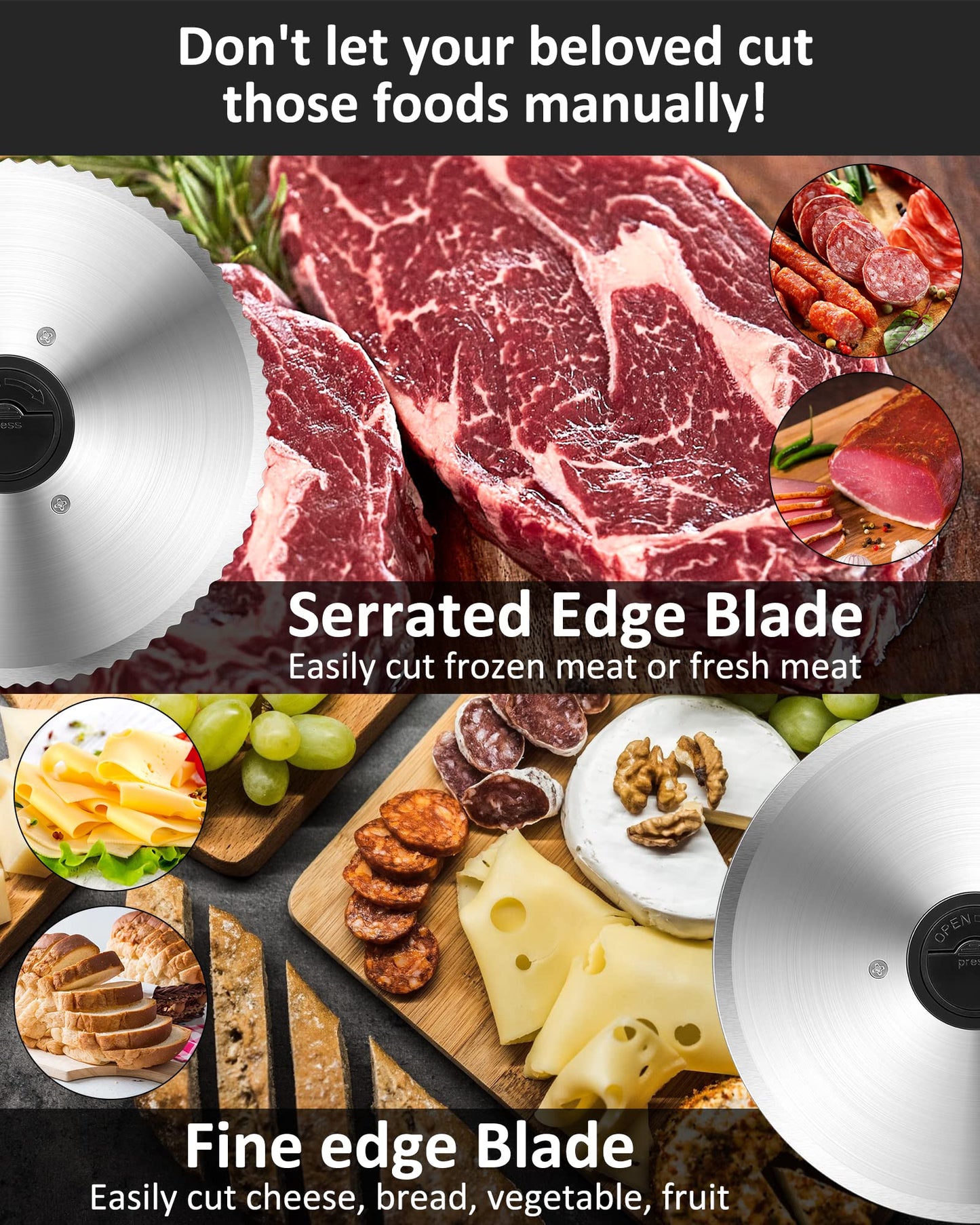 Meat Slicer, 200W Electric Deli Food Slicer with 2 Removable 7.5'' Stainless Steel Blades and Tray, Adjustable Thickness for home use,Child Lock Protection,Easy to Clean,Cuts Meat, Bread and Cheese