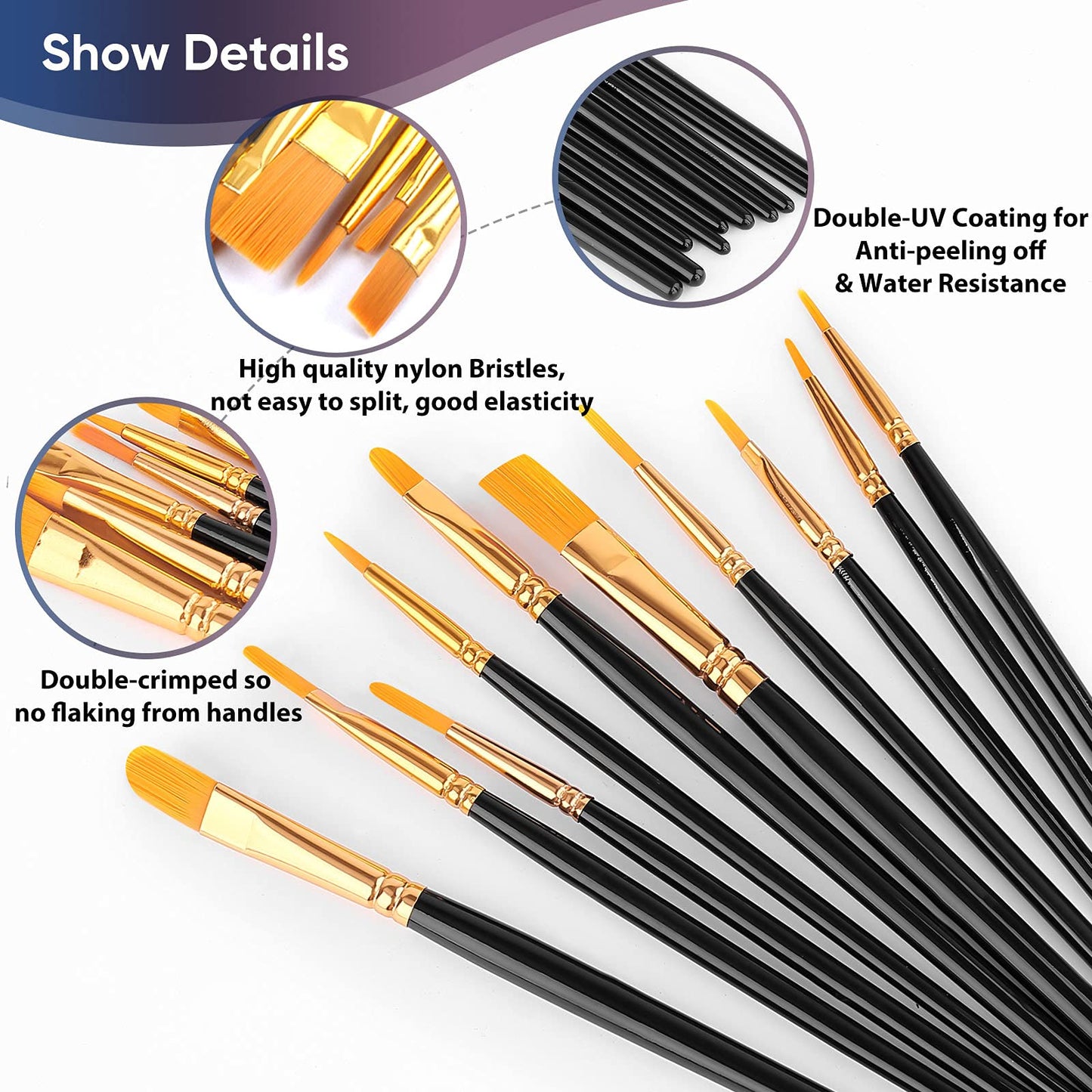 Paint Brushes Set, 20 Pcs Paint Brushes for Acrylic Painting, Oil Watercolor Acrylic Paint Brush, Artist Paintbrushes for Face Rock Canvas, Kids Adult Drawing Arts Crafts Supplies, Pure Black