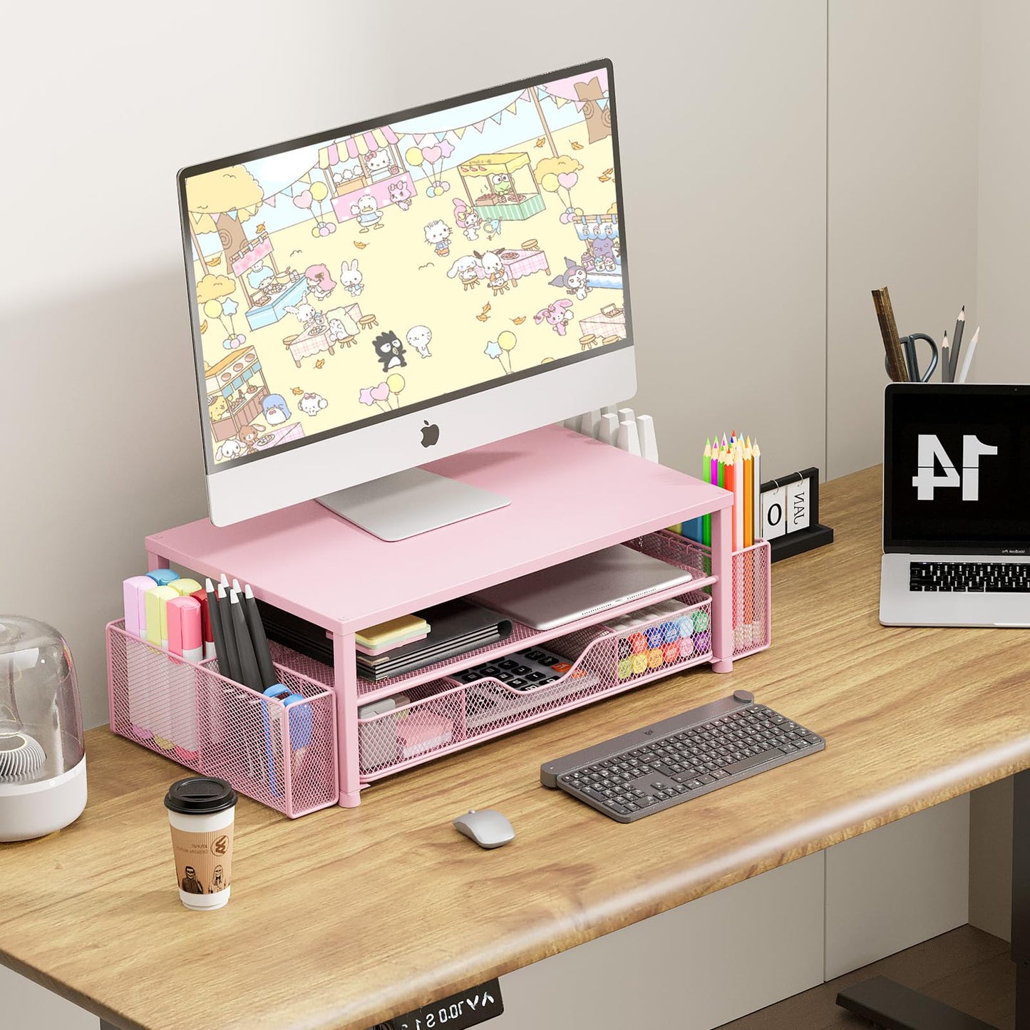 OPNICE Desk Organizers and Accessories, 2-Tier Computer Monitor Stand Riser with Drawer and 2 Pen Holders, Laptop Stand, Office Desk Accessories for Office Supplies, Pink