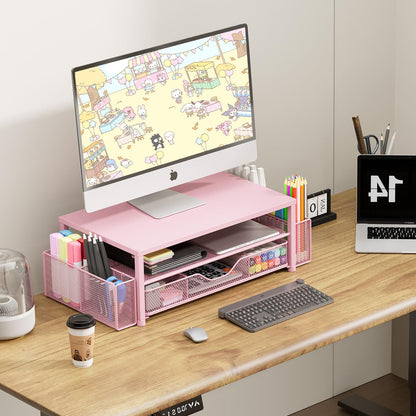 OPNICE Desk Organizers and Accessories, 2-Tier Computer Monitor Stand Riser with Drawer and 2 Pen Holders, Laptop Stand, Office Desk Accessories for Office Supplies, Pink