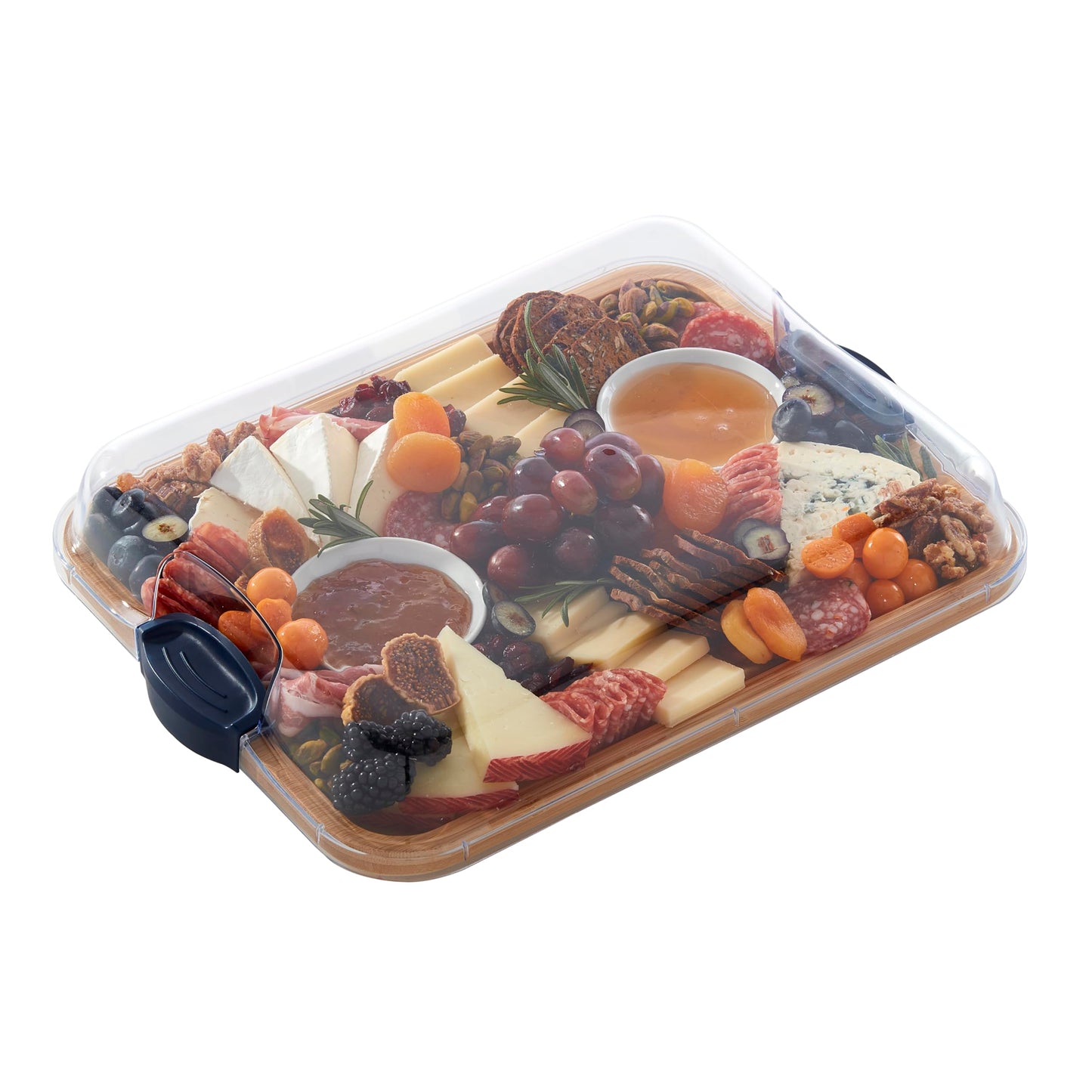 FARBERWARE Build-A-Board Bamboo Cutting Board with Built-in Compartments, Clear Locking Lid & Navy Handles, Ideal for Charcuterie, Snacks & Prep
