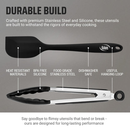 Kaluns Kitchen Tongs for Cooking Grilling Set of 4, BBQ Grill Tongs With Silicone Tip Stainless Steel Heat Resistant, Non-stick Pull Lock, Incl 7, 9, 12 Inch Tong Plus a Silicone Spatula