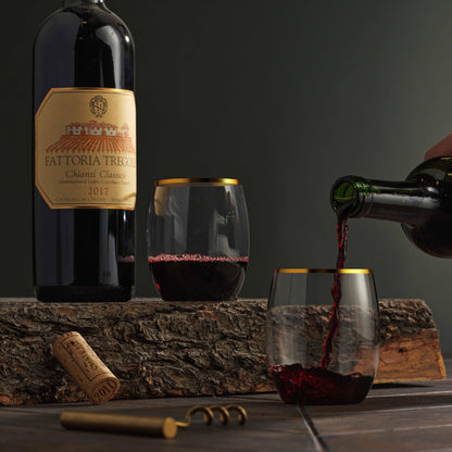 Munfix Plastic Stemless Wine Glasses with Gold Rim, Disposable Clear Plastic Cups 12 Oz - 24 Pack - Shatterproof Recyclable and BPA-Free