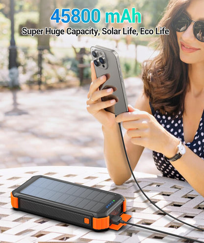 LATIMERIA 45800mAh Solar Charger Power Bank, Portable Phone Charger with USB C in/Output, 5V3.1A QC 3.0 Fast Charging Solar Panel for Cellphone, External Battery Pack with Dual Flashlights for Camping