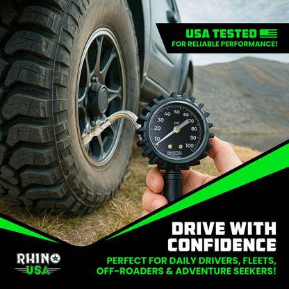 Rhino USA Tire Pressure Gauge with Inflator (0-100 PSI) - Heavy Duty Air Chuck and Compressor Accessories with Stainless Braided Hose, Large Analog Dial and Solid Brass Hardware for Truck and RV