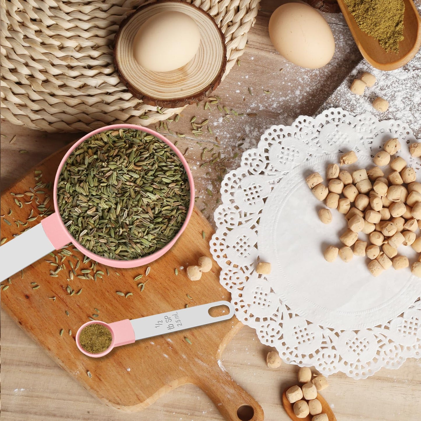 Measuring Cups and Spoons Set, 10 Pieces Nesting Measure Tools, Kitchen Essentials Gadgets with Stainless Steel Handle for Dry & Liquid Ingredient, Pink